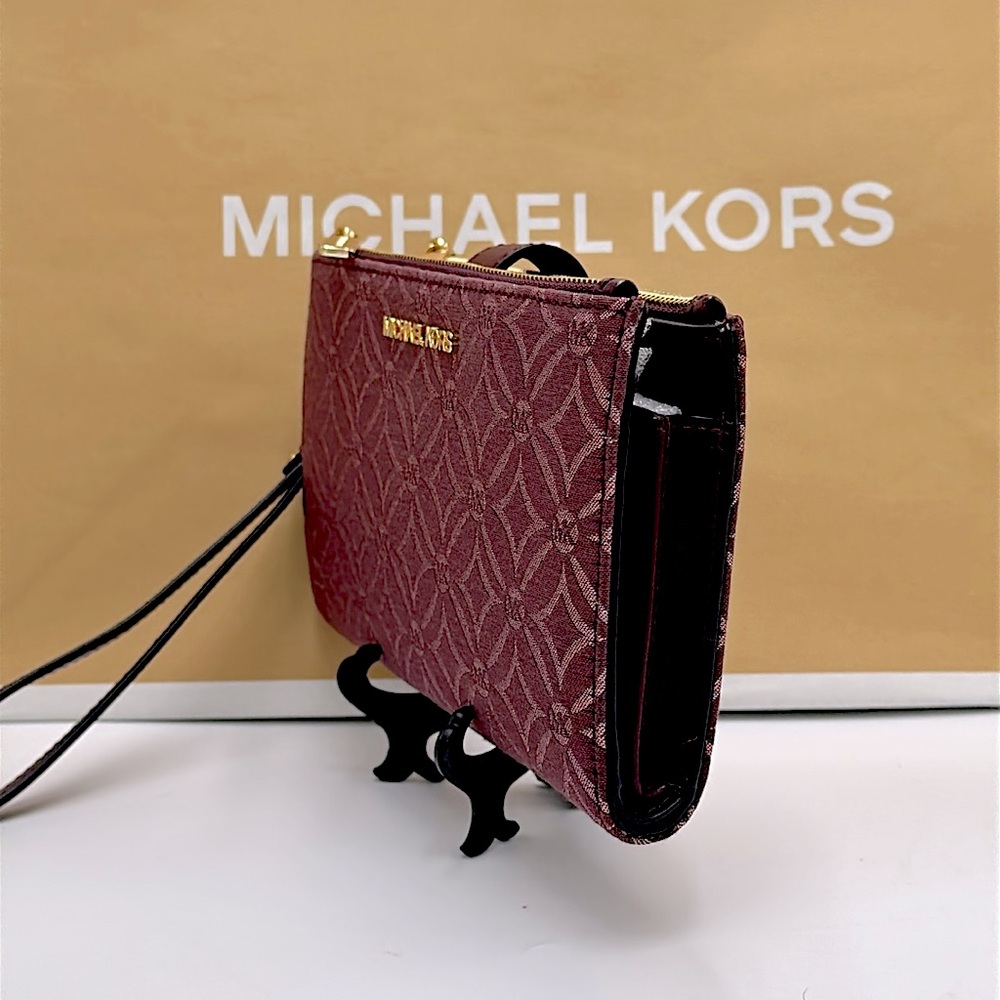 Michael Kors Jet Set Travel Lg Double-Zip Wristlet-Wallet-PhoneHolder Oxblood - Picture 6 of 16